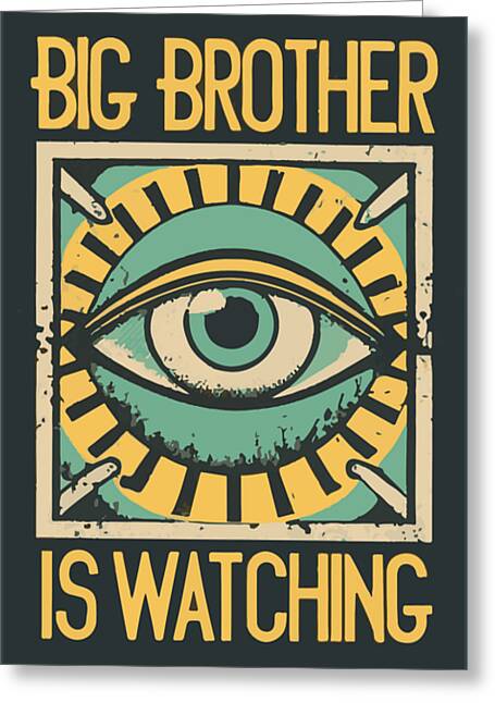 Greeting card with illustrated eye and bold text: "BIG BROTHER IS WATCHING"