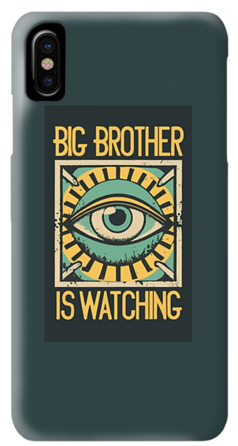Phone case in dark teal with centered eye emblem and “BIG BROTHER IS WATCHING” wording