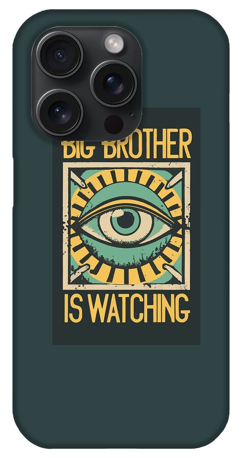 Dark teal phone case with centered eye graphic in a rectangular panel and text