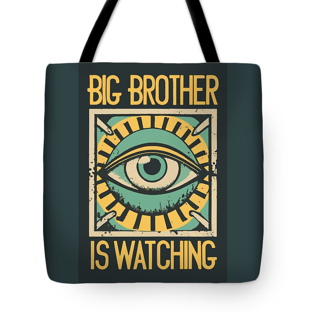 Dark teal tote bag with black handles, eye graphic and stacked message text