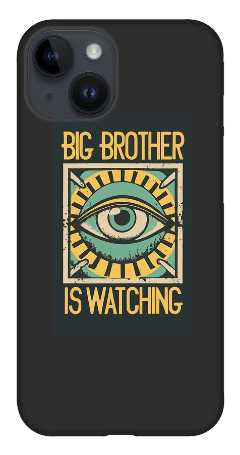 Black phone case with teal eye emblem and BIG BROTHER IS WATCHING lettering, top camera lenses