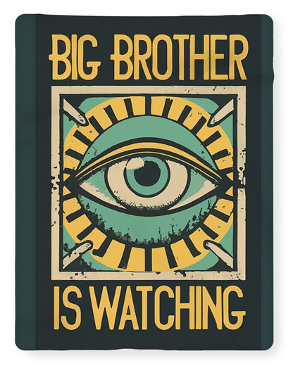 Big Brother is Watching throw blanket with teal eye illustration and yellow 'IS WATCHING'