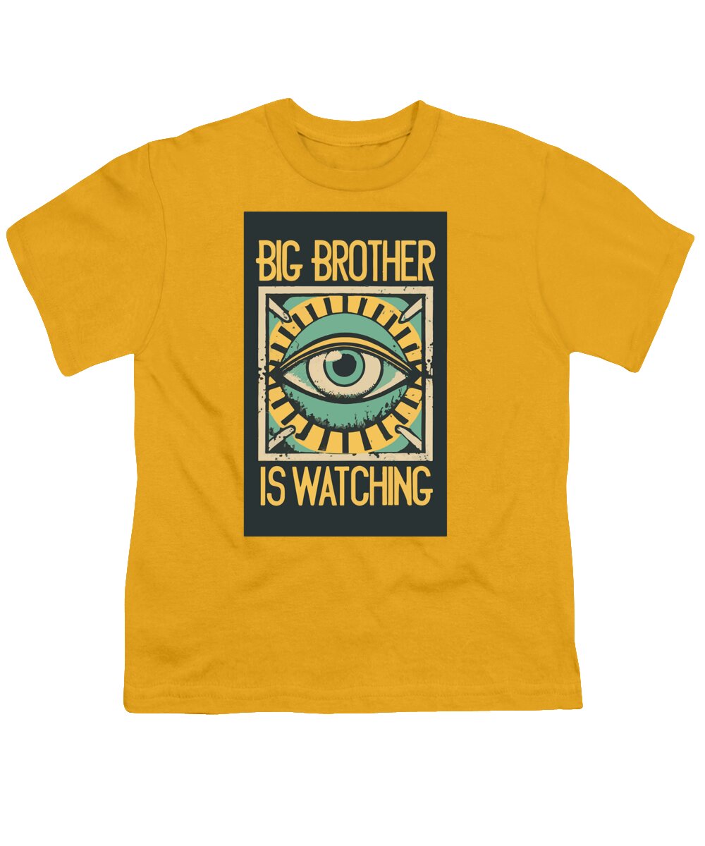 Youth t-shirt, gold yellow, with front eye graphic and "Big Brother is Watching"