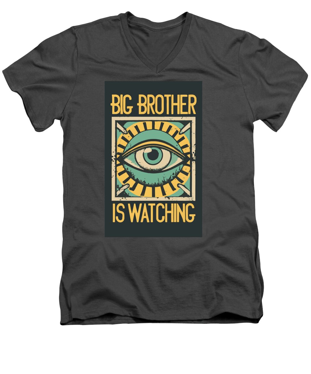 Men's charcoal v-neck t-shirt, eye graphic with 'Big Brother is Watching' text