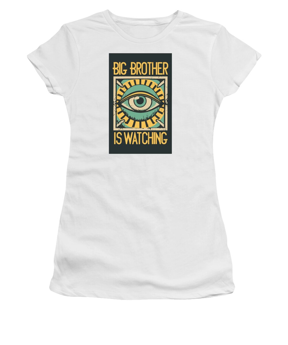 White women's graphic T-shirt with eye logo and “Big Brother is watching” print