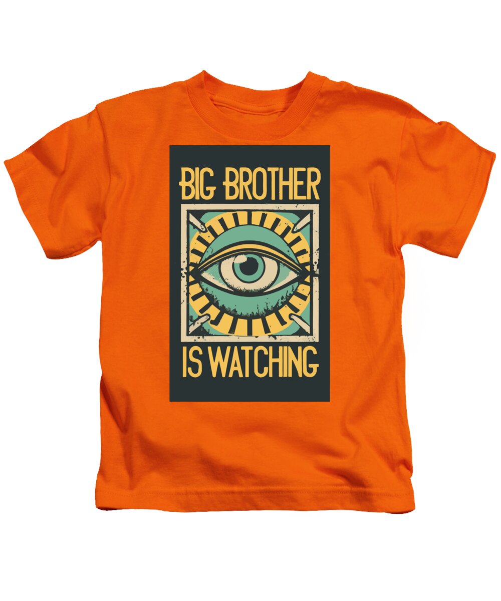 Kids orange T-shirt with front eye graphic and yellow “BIG BROTHER IS WATCHING” text