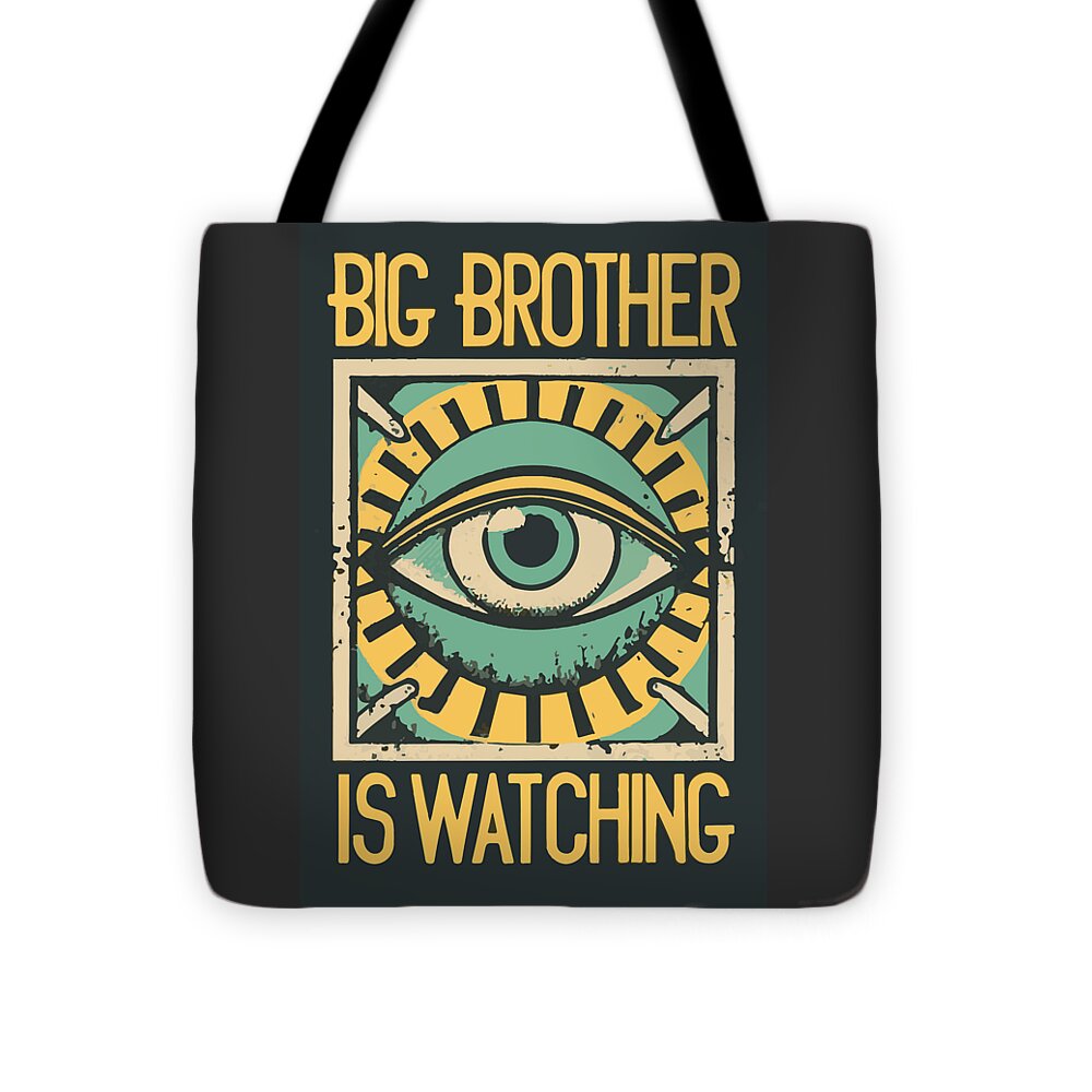 Black tote bag with centered eye graphic and yellow "Big Brother is Watching" text