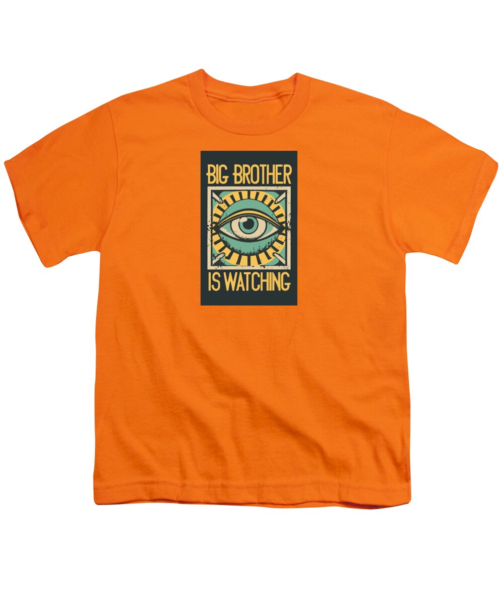 Orange youth T-shirt with 'Big Brother is Watching' eye graphic