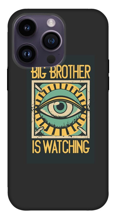 Dark purple phone case with teal eye graphic and BIG BROTHER IS WATCHING text, camera lenses