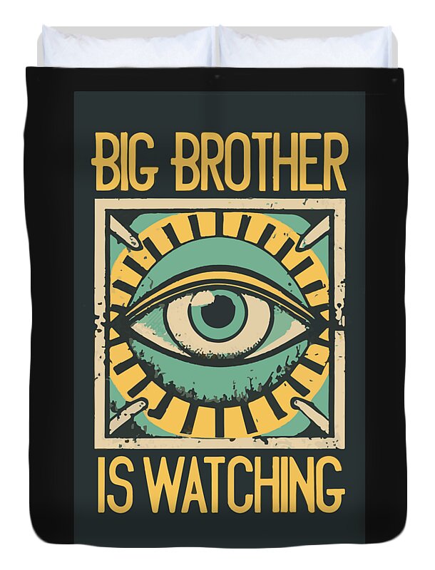 Black duvet cover with teal eye illustration and 'Big Brother is Watching' text