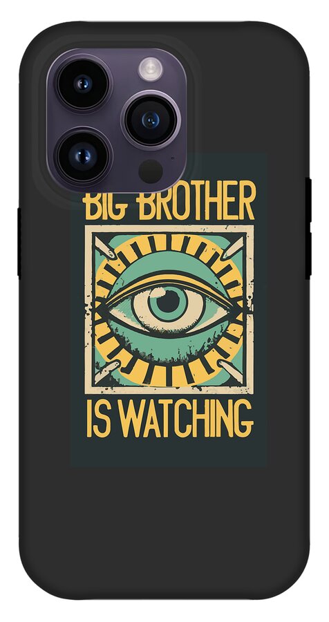 Dark purple phone case with teal eye graphic and BIG BROTHER IS WATCHING text, side buttons