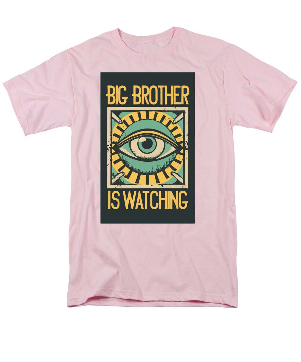 Pink men’s t-shirt with “Big Brother is Watching” eye graphic on front