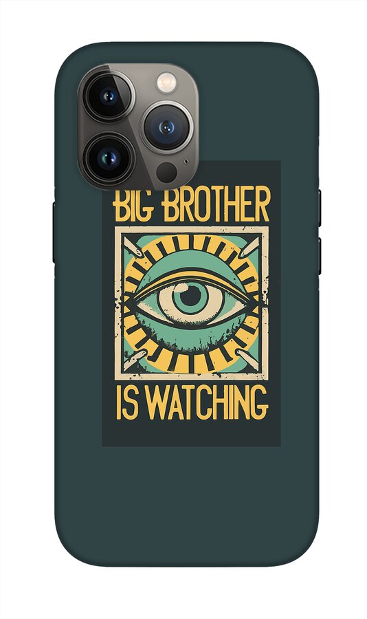 Teal phone case with eye artwork and stacked “Big Brother is Watching” typography