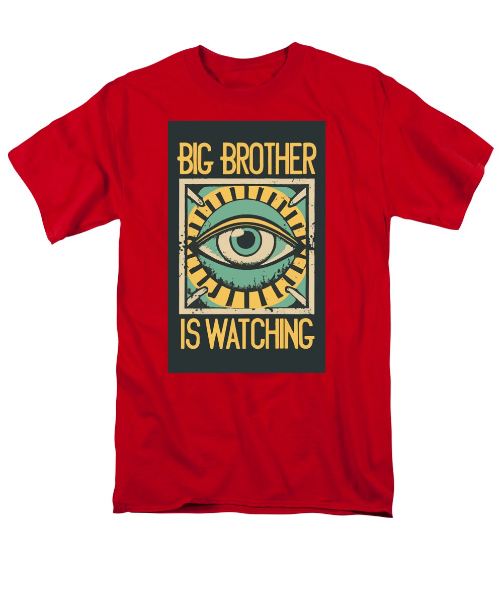Red men’s t-shirt with “Big Brother is Watching” eye graphic on front