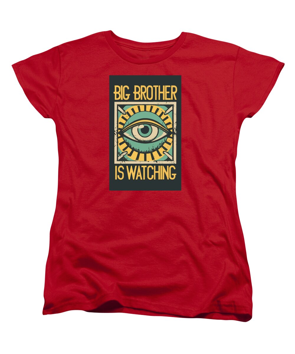 Red women's T-shirt with eye slogan graphic, crew neck.
