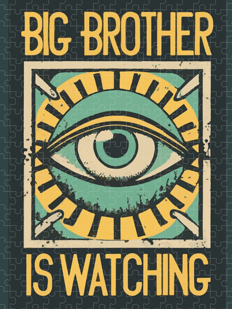 Jigsaw puzzle box with teal eye graphic framed in beige and "IS WATCHING"