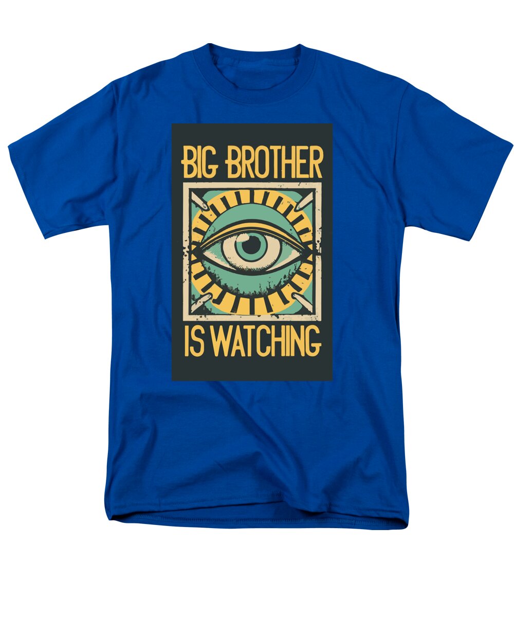 Royal blue men’s t-shirt with “Big Brother is Watching” eye graphic on front