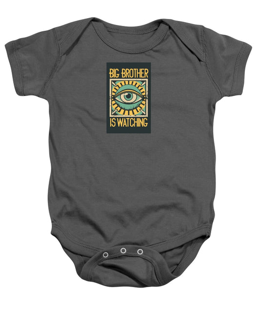 Charcoal baby onesie with eye graphic and watching text on the chest, snap bottom