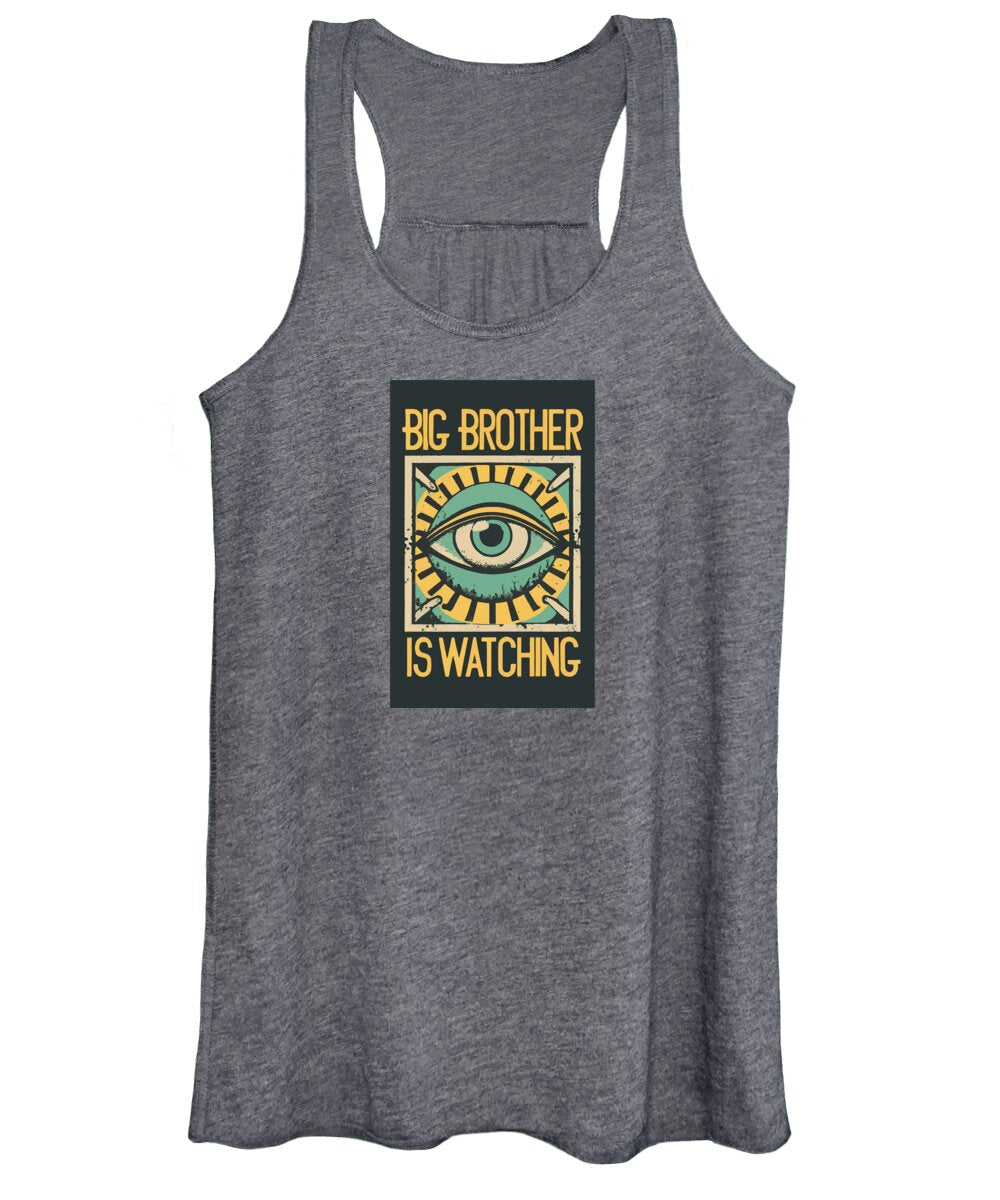 Charcoal gray women's tank top with surveillance eye graphic
