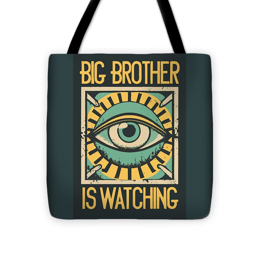 Dark teal tote bag with black handles, centered eye graphic with 'Big Brother' text