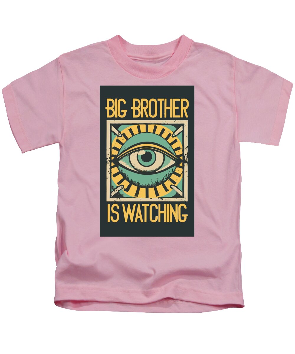 Kids pink T-shirt with front eye graphic and yellow “BIG BROTHER IS WATCHING” text