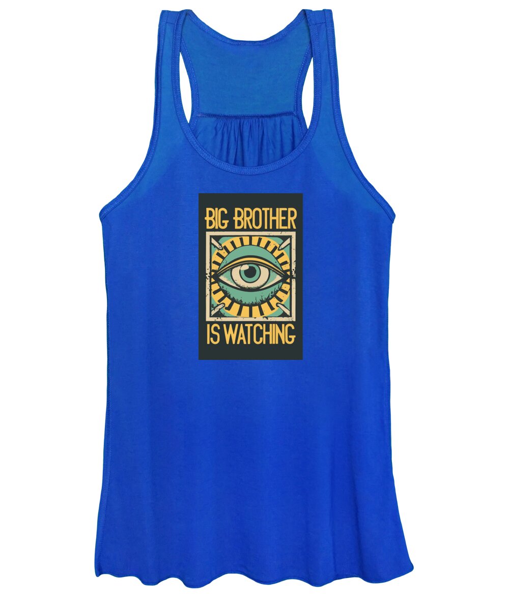 Royal blue women's tank top with surveillance eye graphic