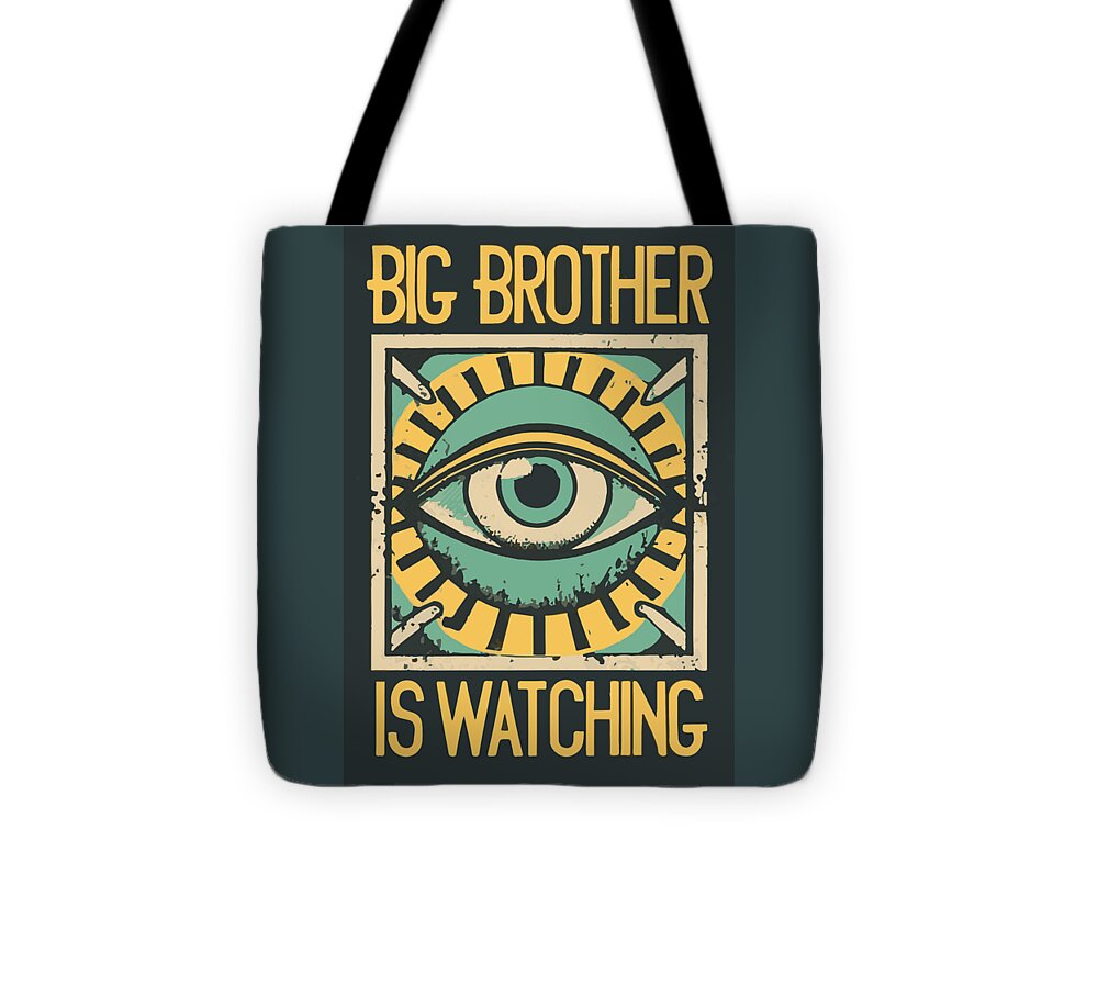 Dark teal tote bag with black handles, bold eye graphic and text panel front