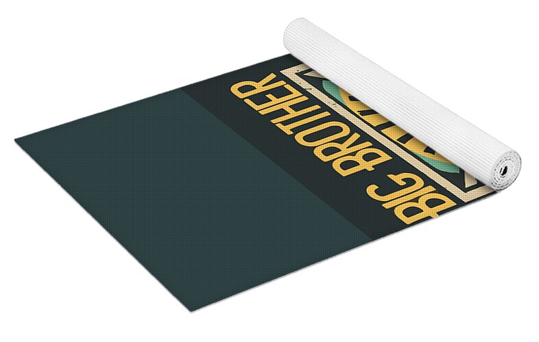 Yoga mat rolled with dark teal surface and Big Brother eye slogan in gold