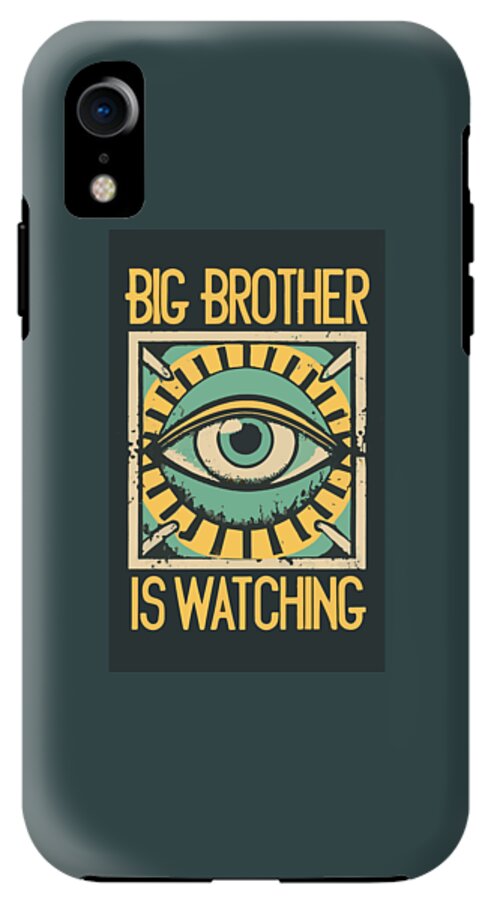 Dark teal phone case with eye graphic and 'IS WATCHING' text; rectangular artwork panel.