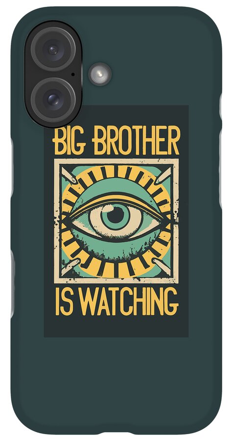 Dark teal phone case with eye graphic and 'IS WATCHING' text; multi-camera array.