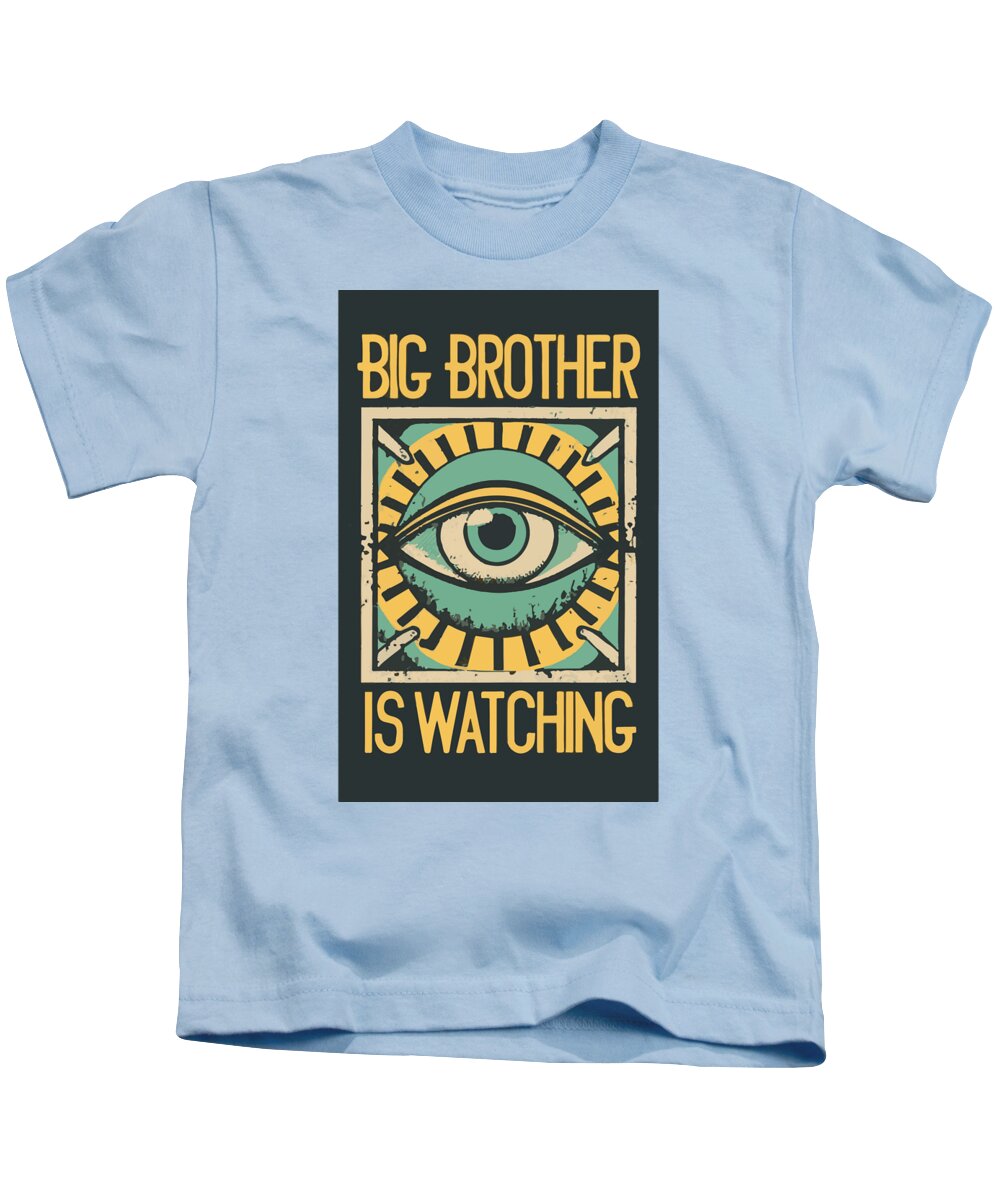 Kids light blue T-shirt with front eye graphic and yellow “BIG BROTHER IS WATCHING” text
