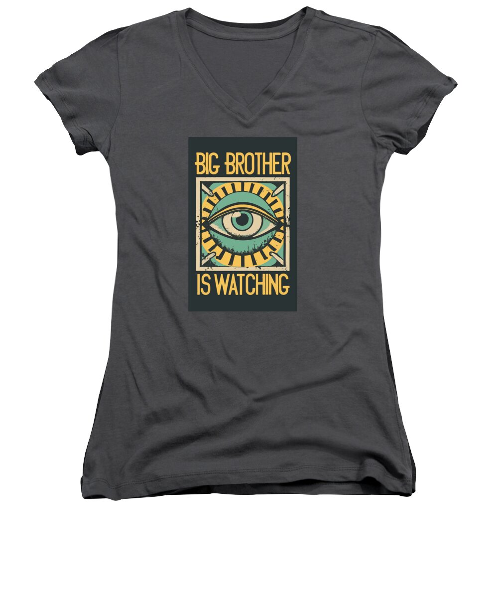 Charcoal women's V-neck T-shirt with centered eye graphic