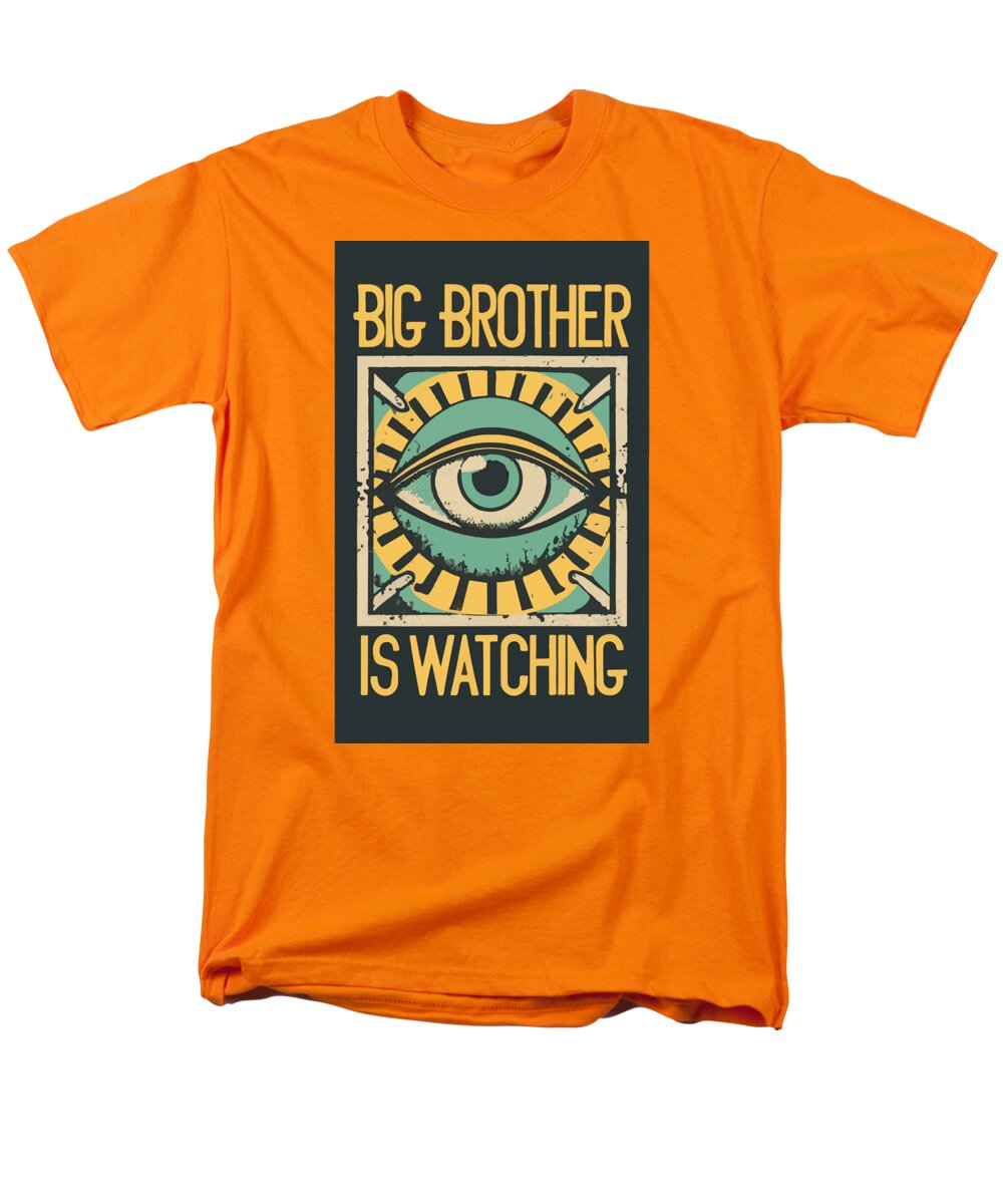 Orange men’s t-shirt with “Big Brother is Watching” eye graphic on front