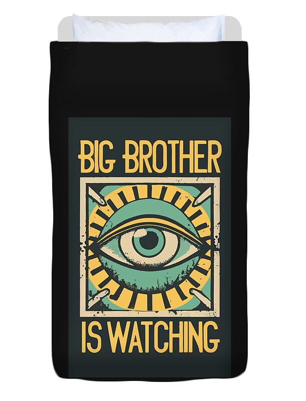 Black duvet cover with centered eye print and 'Big Brother is Watching' text
