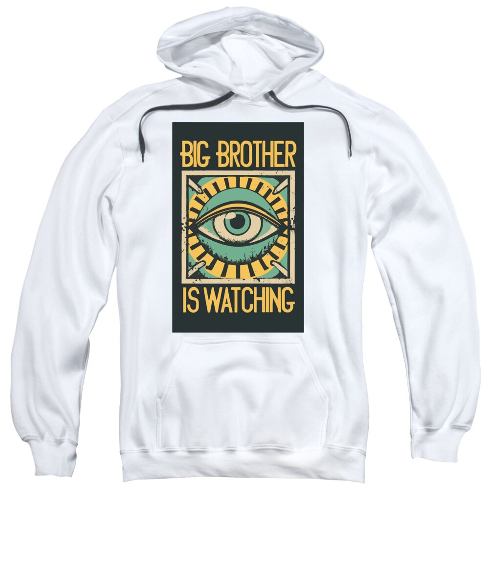 White pullover hoodie with large front eye graphic and centered text detail