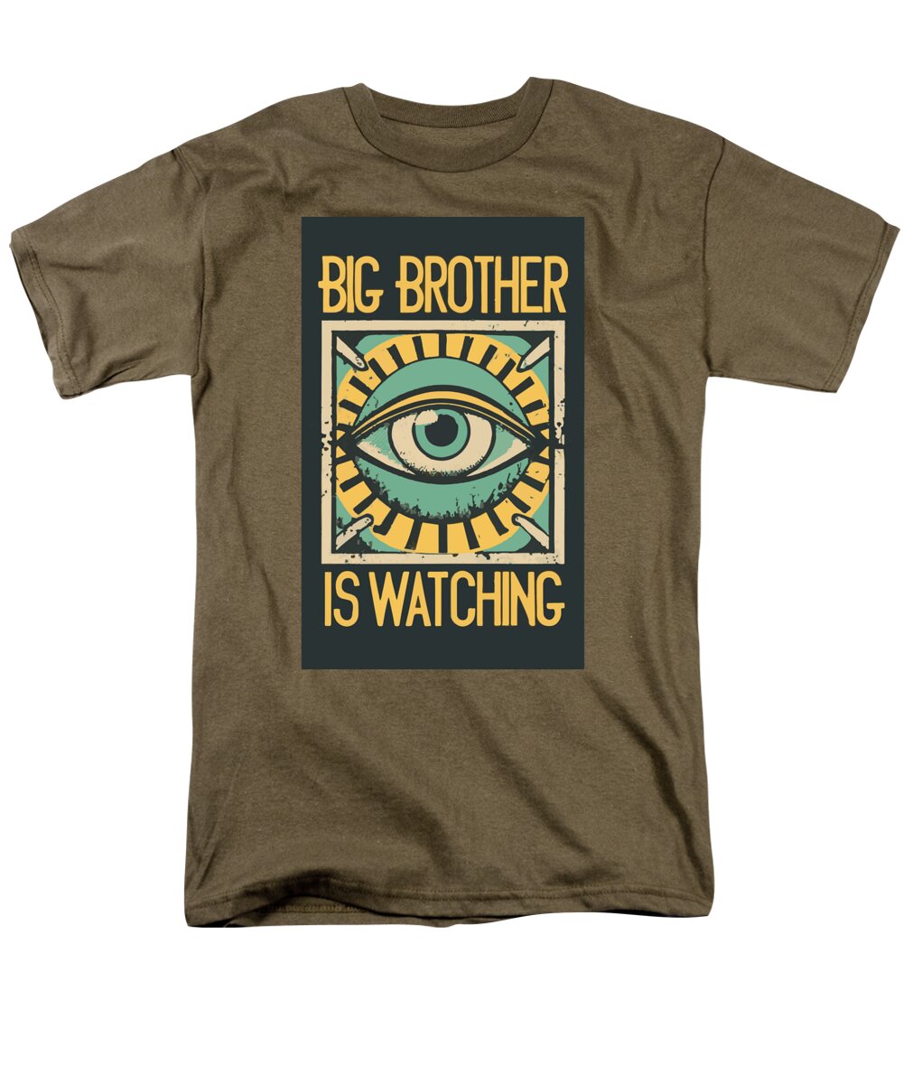 Olive brown men’s t-shirt with “Big Brother is Watching” eye graphic on front