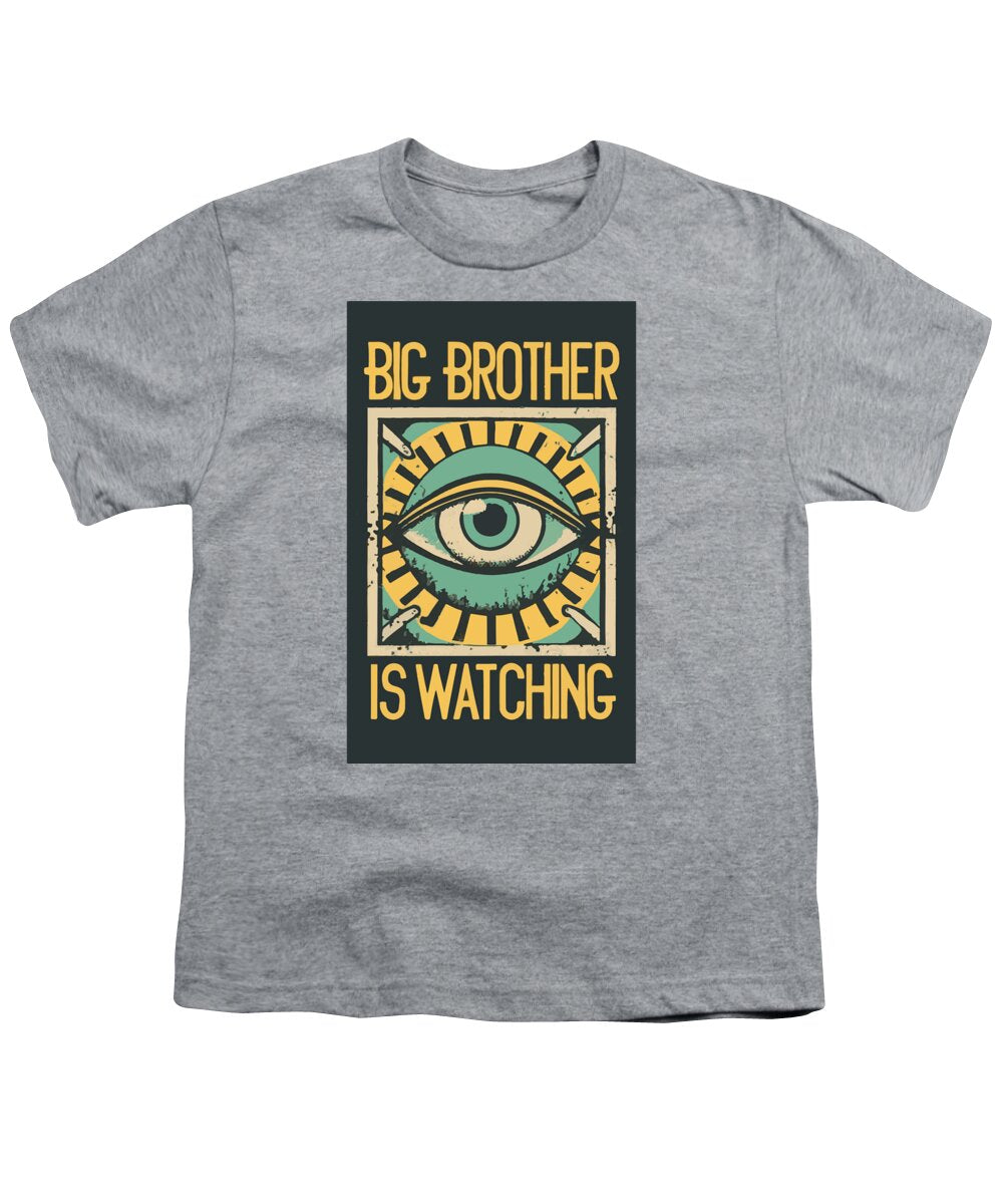 Youth t-shirt, heather gray, with front eye graphic and "Big Brother is Watching"