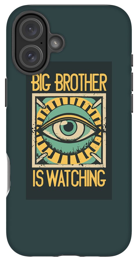 Dark teal phone case with eye graphic and 'IS WATCHING' text; three-lens camera.
