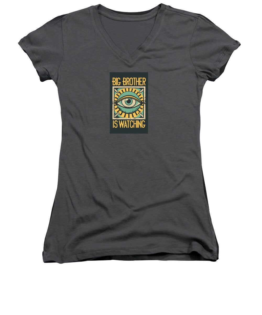 Charcoal women's v-neck T-shirt with square eye graphic and text