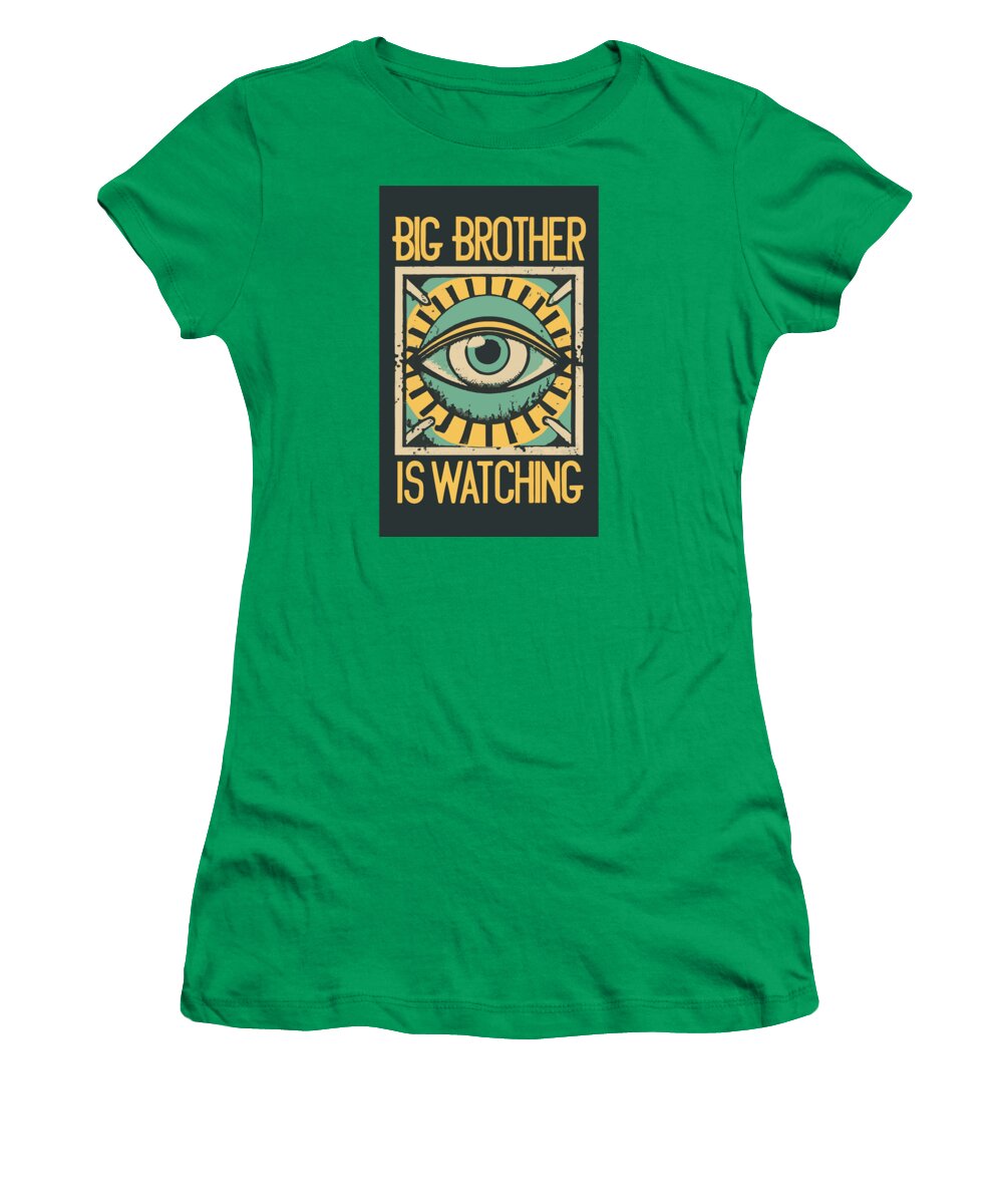 Kelly green women's graphic T-shirt with eye logo and “Big Brother is watching” print