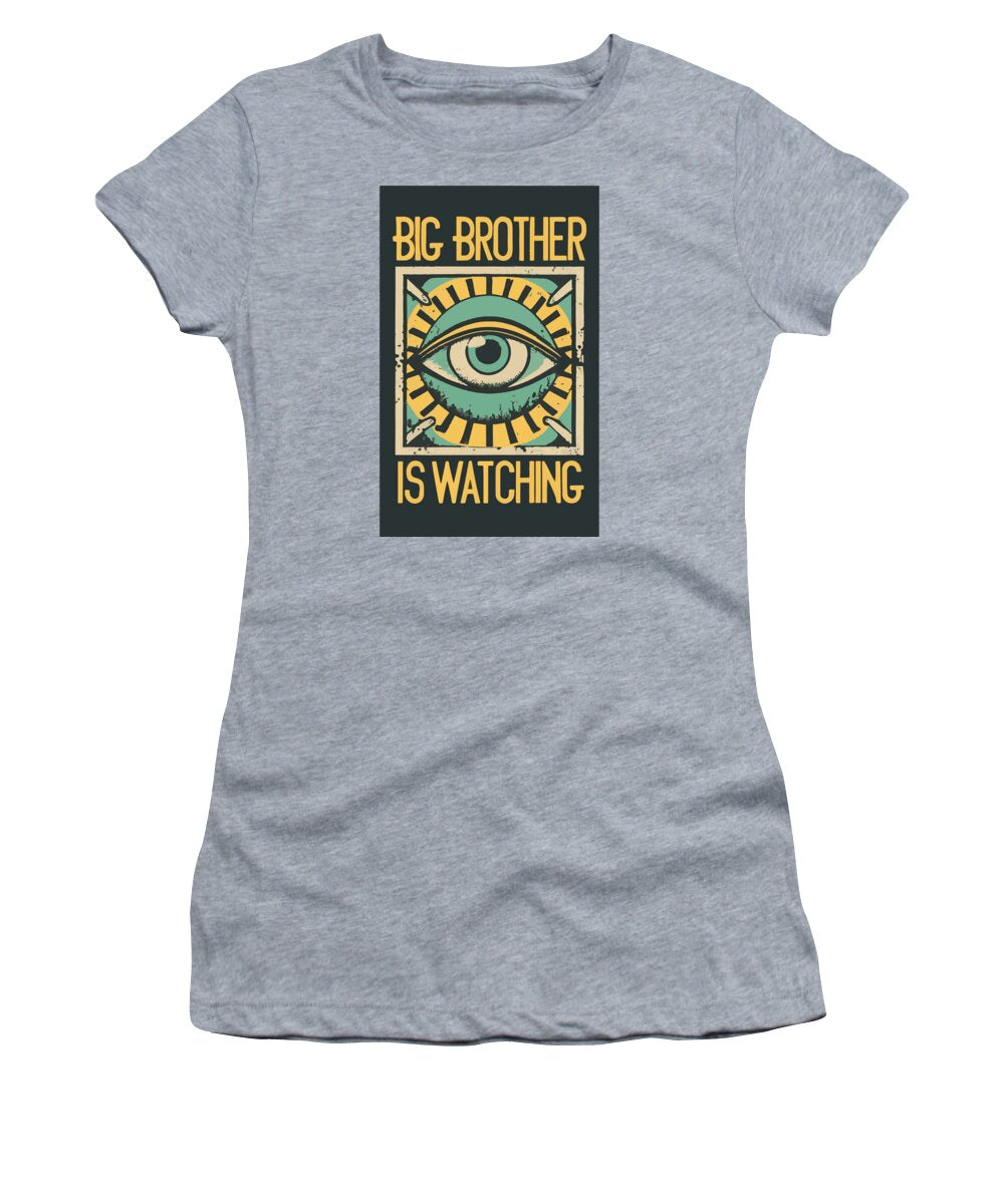 Heather gray women's graphic T-shirt with eye logo and “Big Brother is watching” print