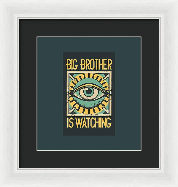 Framed print with blue eye graphic and yellow text, in a white frame