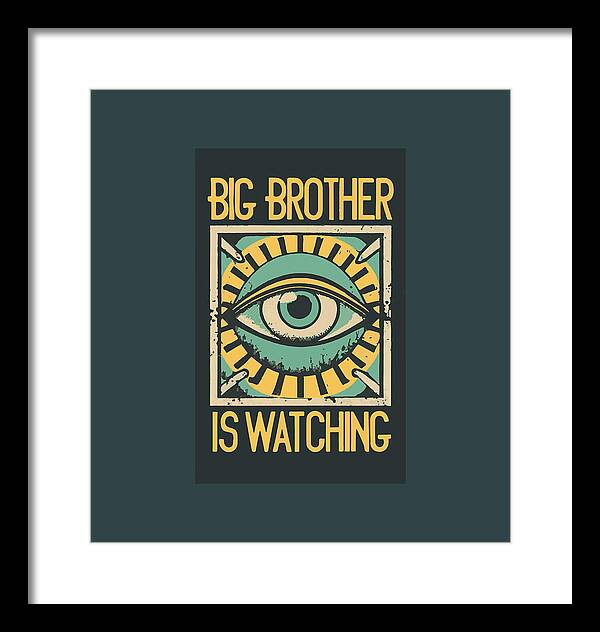Framed print with blue eye graphic and yellow text, in a black frame