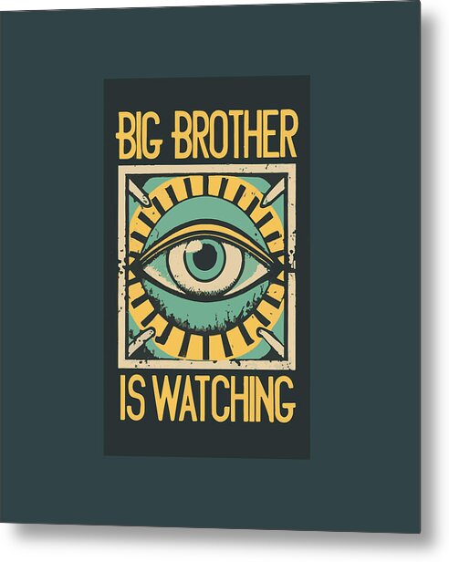 Framed metal wall print with an illustrated eye and bold text, “BIG BROTHER IS WATCHING”.