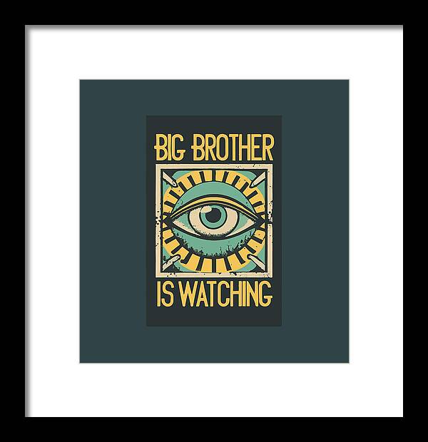 White framed print with teal mat, eye artwork and yellow 'Big Brother Is Watching' text