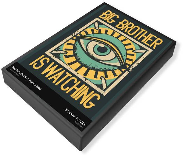 Jigsaw puzzle box lid with eye graphic and "BIG BROTHER IS WATCHING" text