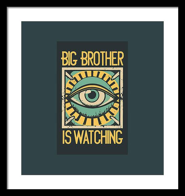Framed print with blue eye graphic and yellow text, in a black frame