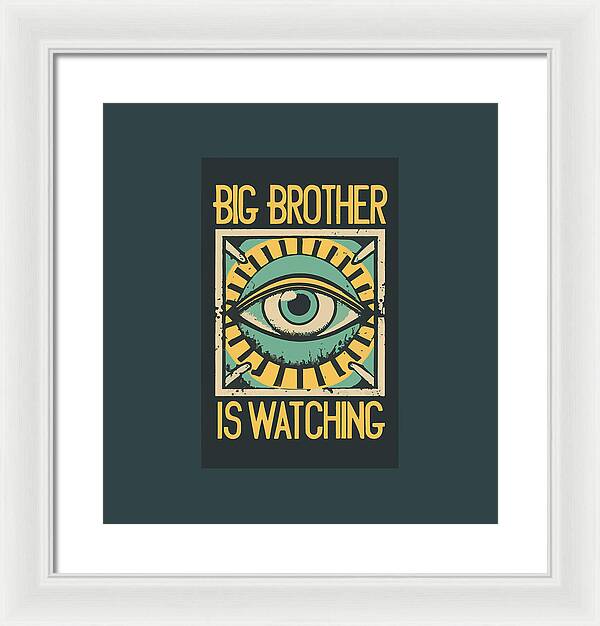 Framed print with blue eye graphic and yellow text, in a white frame