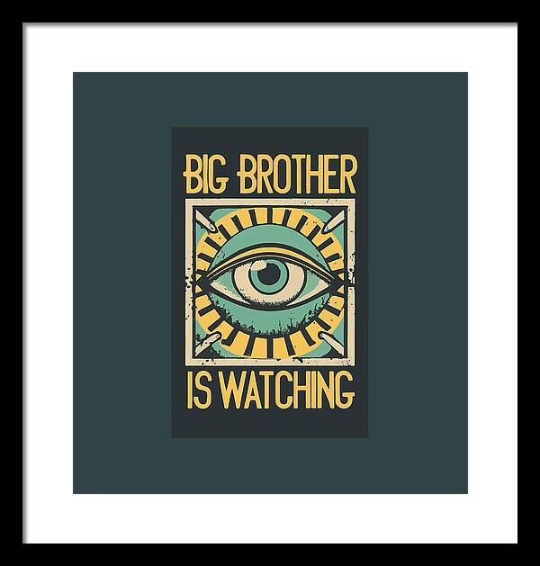 Framed print with blue eye graphic and yellow text, in a black frame