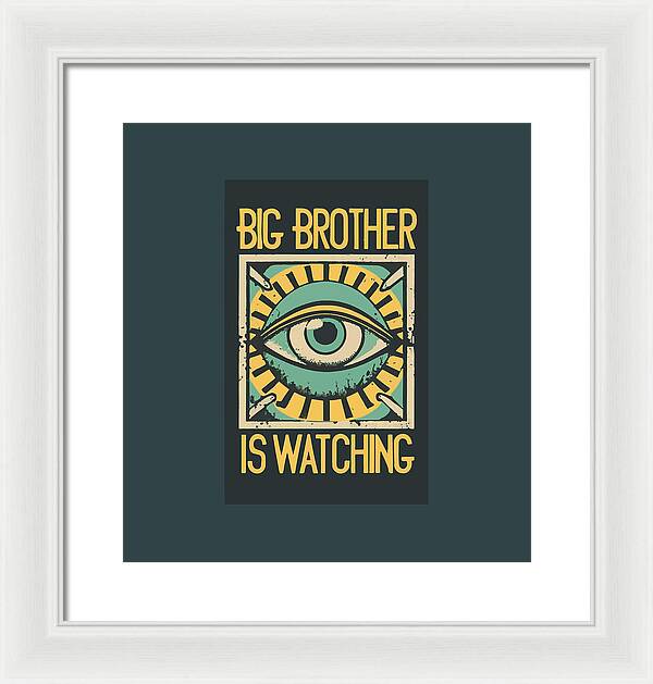 Framed print with blue eye graphic and yellow text, in a white frame
